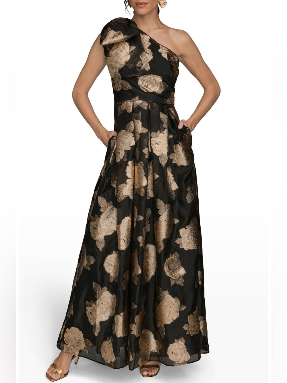NEW Donna Karan New York One-Shoulder Metallic Jacquard Gown In Black & Gold - Picture 9 of 15